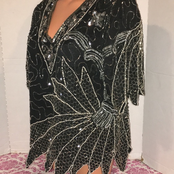 Tan choo Tops - Vintage Embellished Sequin Cocktail Blouse Top L